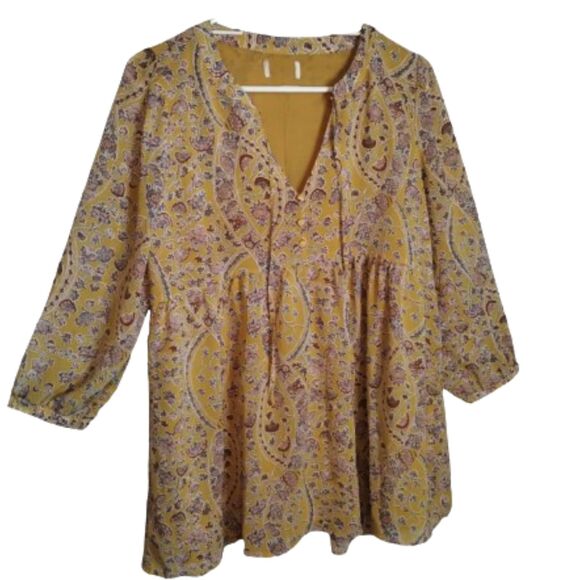 Paisley and Floral Gold Red Blue Smock Baby Doll V Neck Tie Blouse M - Picture 2 of 6